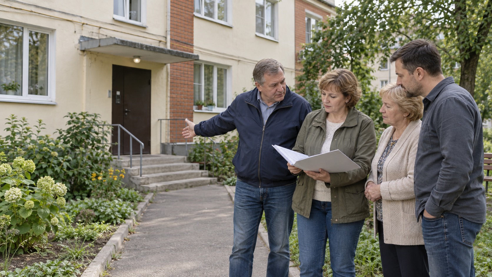Жители небольшого многоквартирного дома обсуждают содержание дома и документы во дворе.